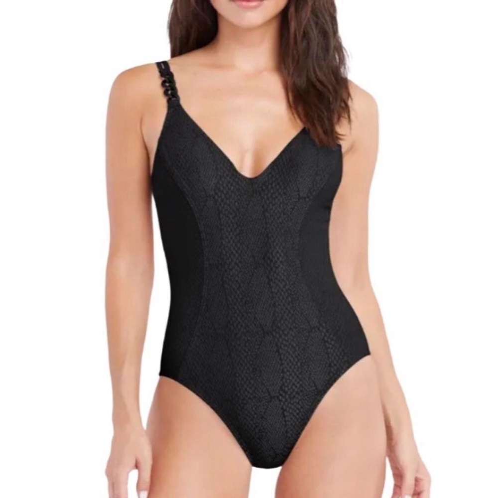 ROBIN PICCONE Black One Piece Swimsuit Snake Print Chain Link Detail Strap SZ 4